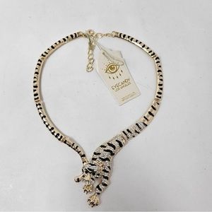 14k Gold Plated Leopard Crystal Black Enamel necklace with matching watch.